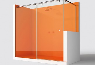 Mampara de baño con puerta corredera de cristal laminado. Perfilería ST-EL de acero inoxidable, adaptable a cualquier plato de ducha.